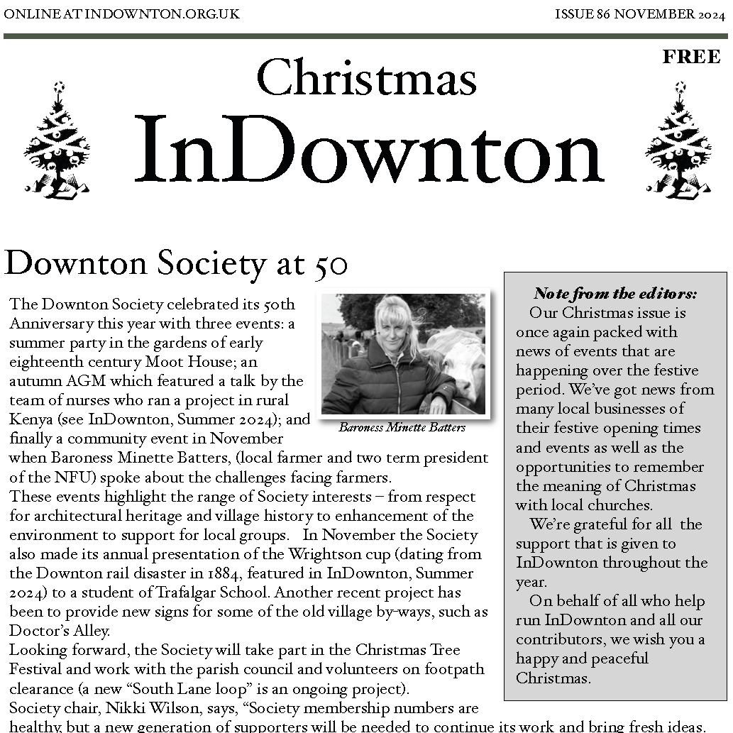 InDownton's tweet photo. The Christmas issue of the newsletter is available as a pdf file to view online at https://t.co/bO7iXClDip.  The printed version is being distributed to homes this weekend and copies will also be available in many businesses around the village https://t.co/aOYnyrsfzX