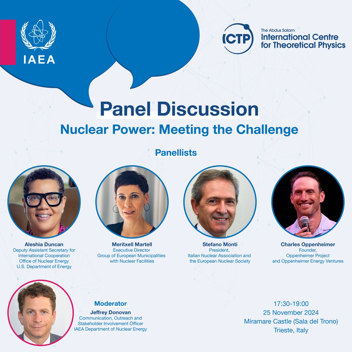 The first Joint #ICTP-#IAEA Nuclear Stakeholder Engagement School will be held in Trieste 🇮🇹 from 25–29 Nov 2024 📅 kicking off with a panel discussion "#NuclearPower: Meeting the Challenge" ⚛️

With a comprehensive curriculum blending theory and practice, participants will gain
