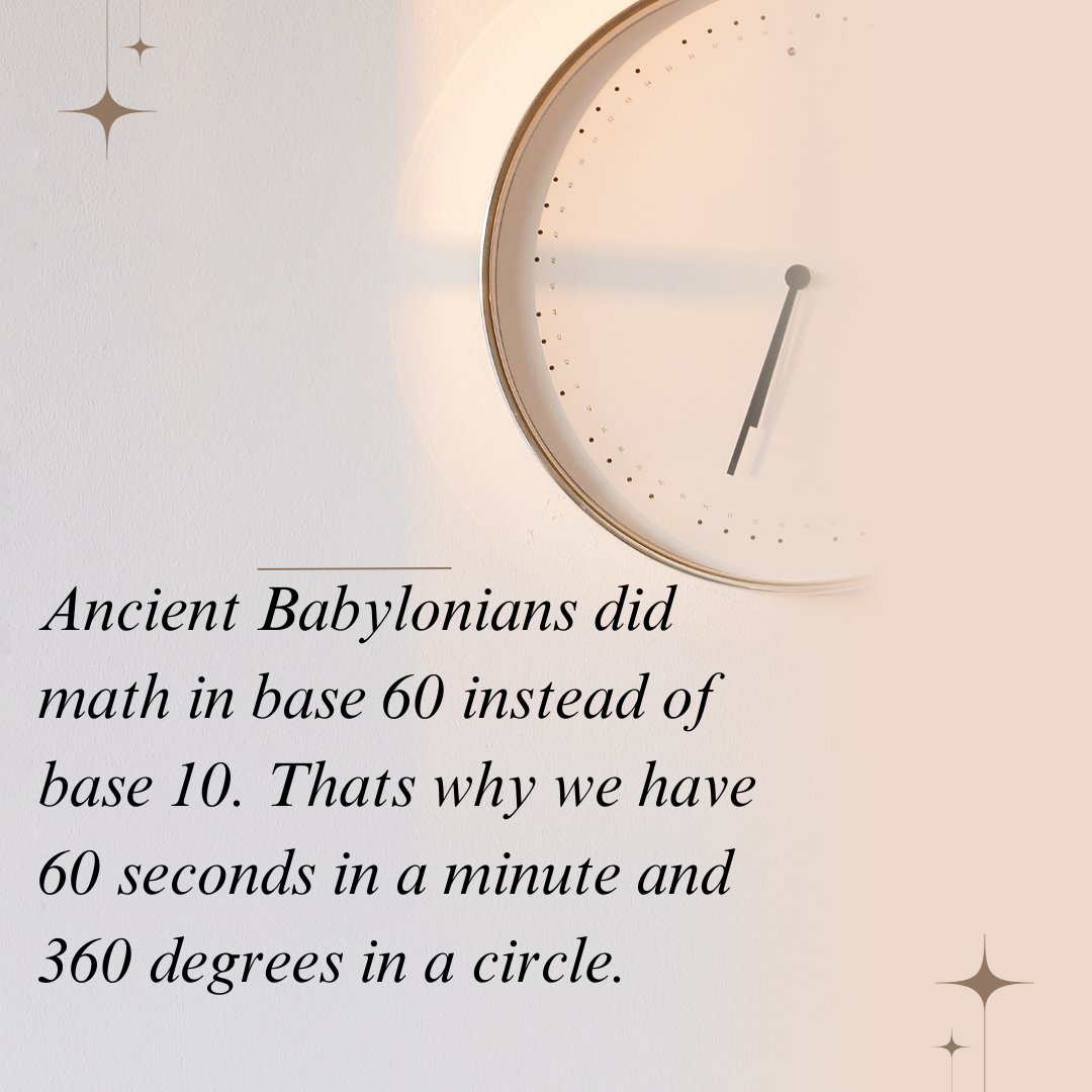 meenu23feb's tweet image. 🌍 Babylonians and Base-60

Why do we have 60 seconds in a minute? Babylonians used a base-60 system, around 2000 BCE.

The number 60 is divisible by many numbers (2, 3, 4, etc.), making calculations simpler. This legacy shapes how we measure time today! #BabylonianMath