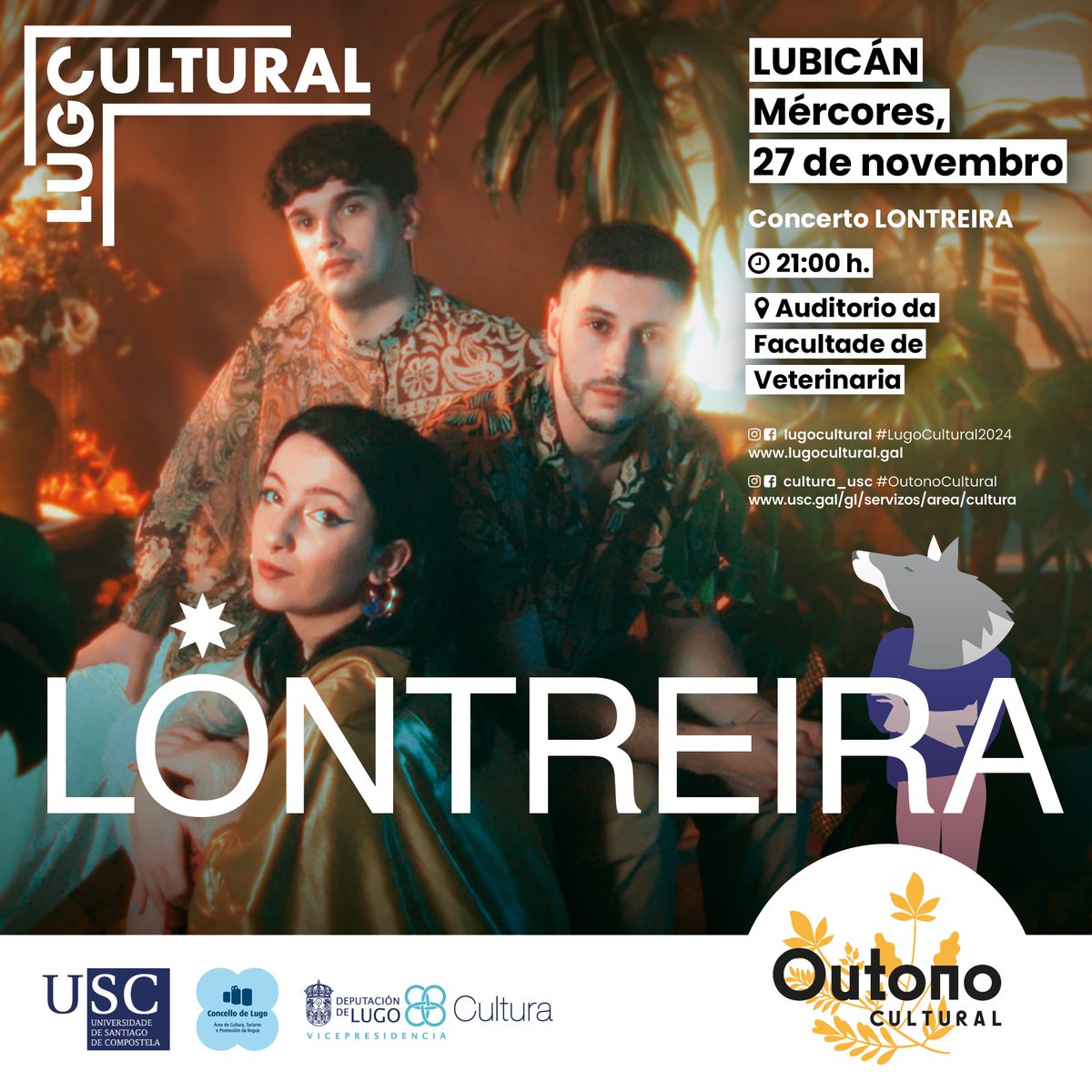🎶 A vindeira semana Lontreira actuará no campus de Lugo! 
📍 Mércores 27 de novembro, 21 h, Auditorio da Facultade de Veterinaria
➕ Info: usc.gal/gl/servizos/ar…
#outonocultural #lugocultural