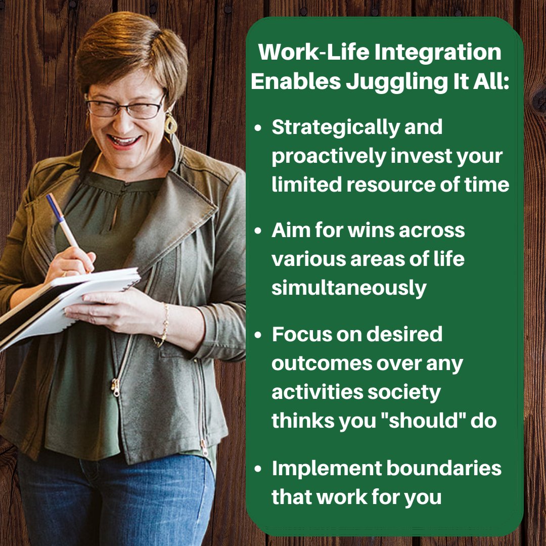 Org4Success's tweet image. There’s no way I could live such a full life without #WorkLifeIntegration, which @Wharton shows to be efficiently investing time in (not balancing) goals for work, home, community and self-care. Whether called integration, harmony or efficiency, it aids #productivity.