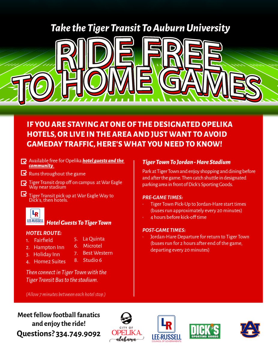 You can ride free to Auburn University home football games!

Check out the flyer posted below for details!