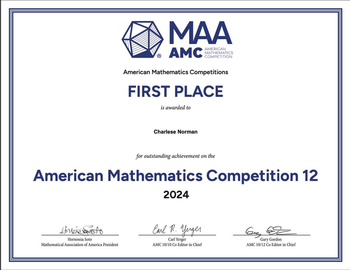 PanthersGchs's tweet photo. The result of the American Math Competition (AMC) held last November 12, 2024 is OUT!
Our Granville Central High School Math Club team achieved a total team score of 1089, which earned us the School Certificate of Honor! https://t.co/kY8yzukqUt