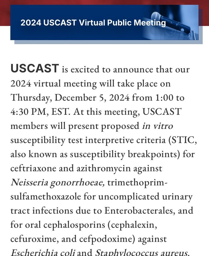 Attention SIDP members! Please register &amp; join the upcoming USCAST Virtual Public Meeting on Dec 5th from 1-430pm EST. Free to attend! 

Will discuss susceptibility criteria for multiple bug/drug combinations, including oral cephalosporins!

Register here: buff.ly/3V6Lfho