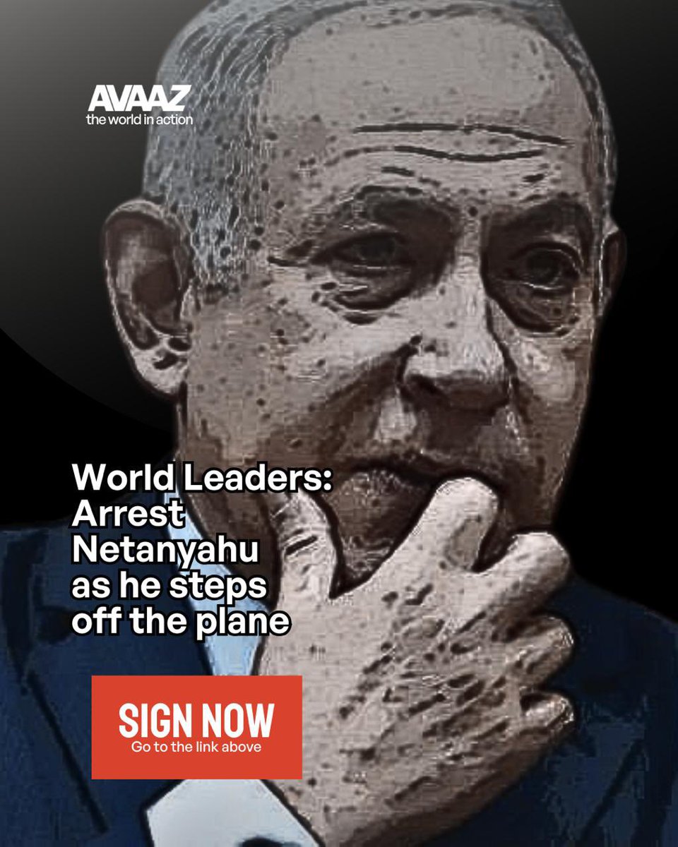Avaaz's tweet photo. 🚨 BREAKING: The #ICC has issued an arrest warrant for Netanyahu over war crimes and crimes against humanity.
For every innocent life lost, for every family shattered, justice must prevail. 

Governments must act and enforce this warrant to uphold international law. 🌍

✊ Join the movement demanding action! Add your voice and let’s send a clear message: the world won’t stand for impunity.

👉 https://t.co/COOrH2Mt6u

#JusticeForGaza #ArrestNetanyahu #EndImpunity
