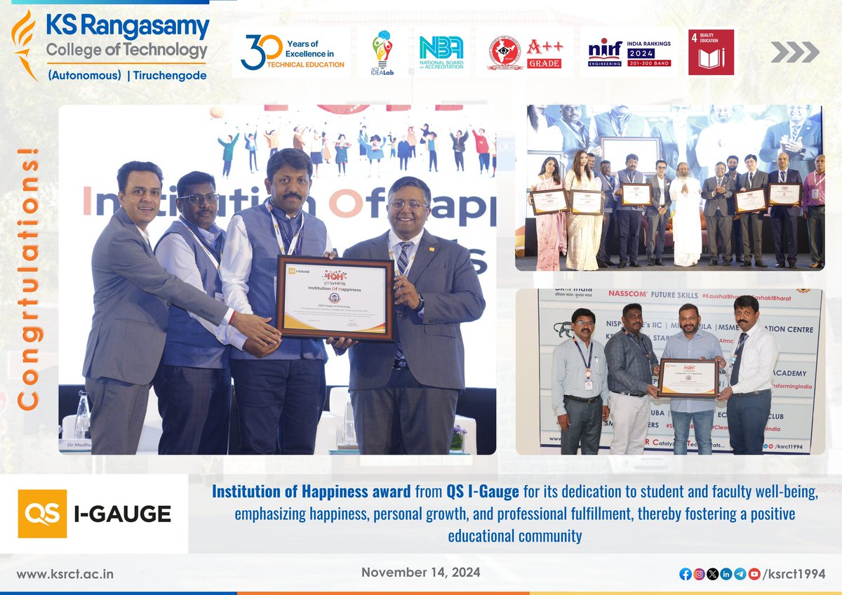 ksrct1994's tweet photo. #Congratulations!
#ksrct1994 received #Institution of #Happiness award from QS I-Gauge for its #dedication to #student and #facultywellbeing, #emphasizing #happiness, #personalgrowth & #professionalfulfillment, thereby fostering a #positiveeducational community on Nov 14, 2024. https://t.co/pebazhZLx2