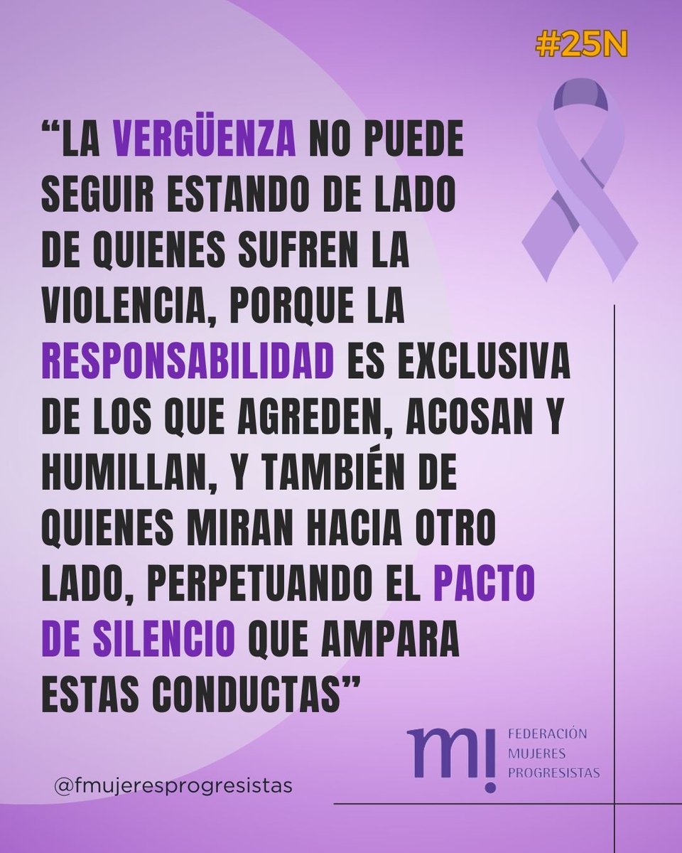 fmprogresistas's tweet photo. 📢Manifiesto FMP #25N2024: https://t.co/bYxHIF9ZkB  
“La vergüenza no puede seguir estando de lado de quienes sufren violencia, porque la responsabilidad es de los hombres que agreden/acosan/humillan, también de quienes perpetúan el pacto de silencio que ampara estas conductas” https://t.co/1V1AYJ587d