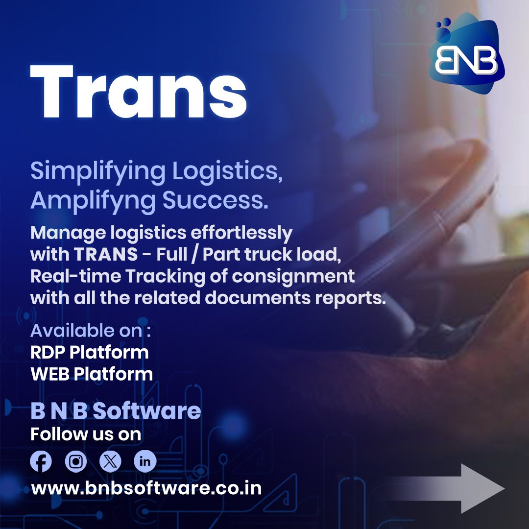 bnbsoftware1's tweet image. Introducing TRANS, our flagship software designed to revolutionize logistics and transportation management with a robust set of features.

#software #TransportSoftware #transport #TransportSolutions #logistics #logisticssolutions #LogisticsSoftware