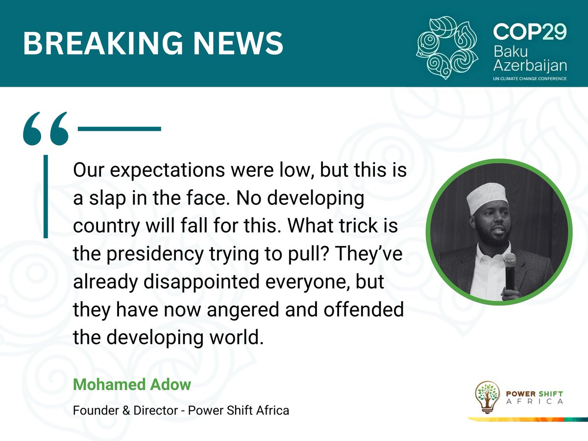 Power Shift Africa (@powershftafrica) on Twitter photo Power Shift Africa Director, <a href="/mohadow/">Mohamed Adow</a> has reacted to the new #NCQG text, calling the $250 billion provided “a slap in the face” of developing countries.
#COP29 #COP29Azerbaijan #COP29Baku #ClimateFinance #ClimateAdaptation Power Shift Africa Director, <a href="/mohadow/">Mohamed Adow</a> has reacted to the new #NCQG text, calling the $250 billion provided “a slap in the face” of developing countries.
#COP29 #COP29Azerbaijan #COP29Baku #ClimateFinance #ClimateAdaptation