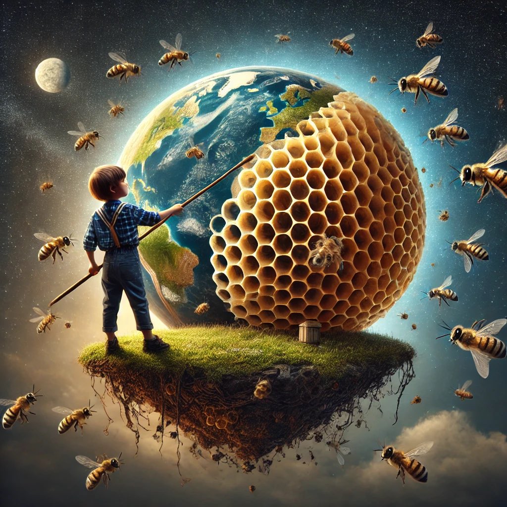 Русский: Ребёнок, трясущий мир, как улей, в поисках мёда с палкой в руке. Можно подумать, что он приобрёл иммунитет во время Первой и Второй мировых войн. Но помните: если ужалит слишком много пчёл, иммунитет не поможет. #нетвойне