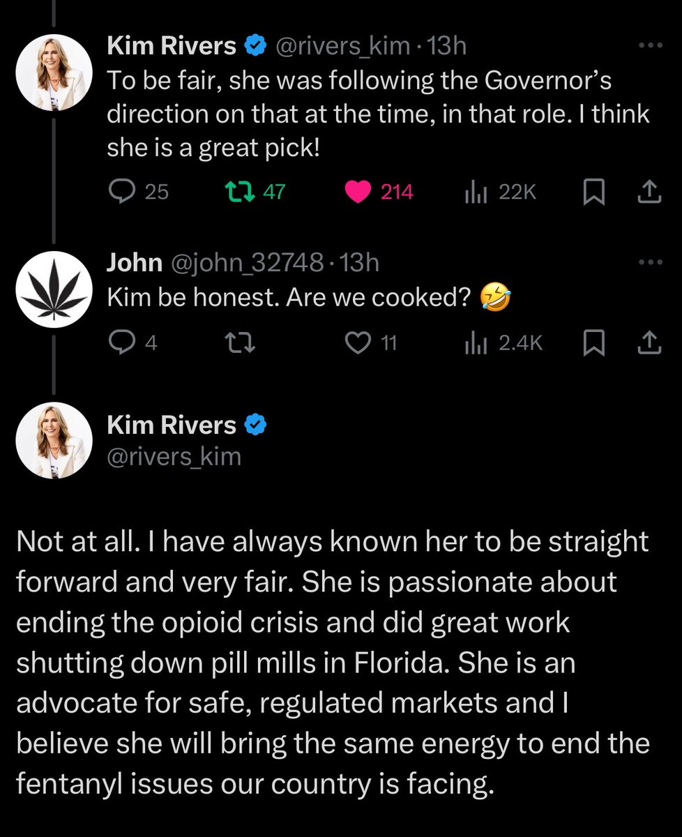 Cannavesting's tweet photo. Brady Cobb of Sunburn, and Kim Rivers of Trulieve think she was a great pick, for the country and cannabis reform. Keep listening to retail investors on 𝕏 though!!
$MSOS $TCNNF #GetBurnt #BondiMemo 😂🇺🇸 https://t.co/ijiyUyW8RV