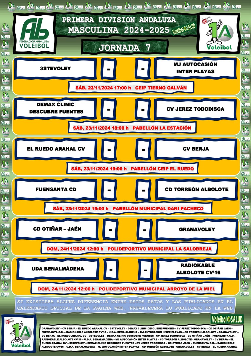 🏐 ¡Llega la jornada 7 de la 1ª División Andaluza de Voleibol!

💪 Prepárate para un fin de semana cargado de espectáculo y grandes jugadas en la pista. 

👏 No te pierdas la oportunidad de apoyar a tu equipo y vivir la pasión del voleibol andaluz. ¡Te esperamos! 🏐🟢