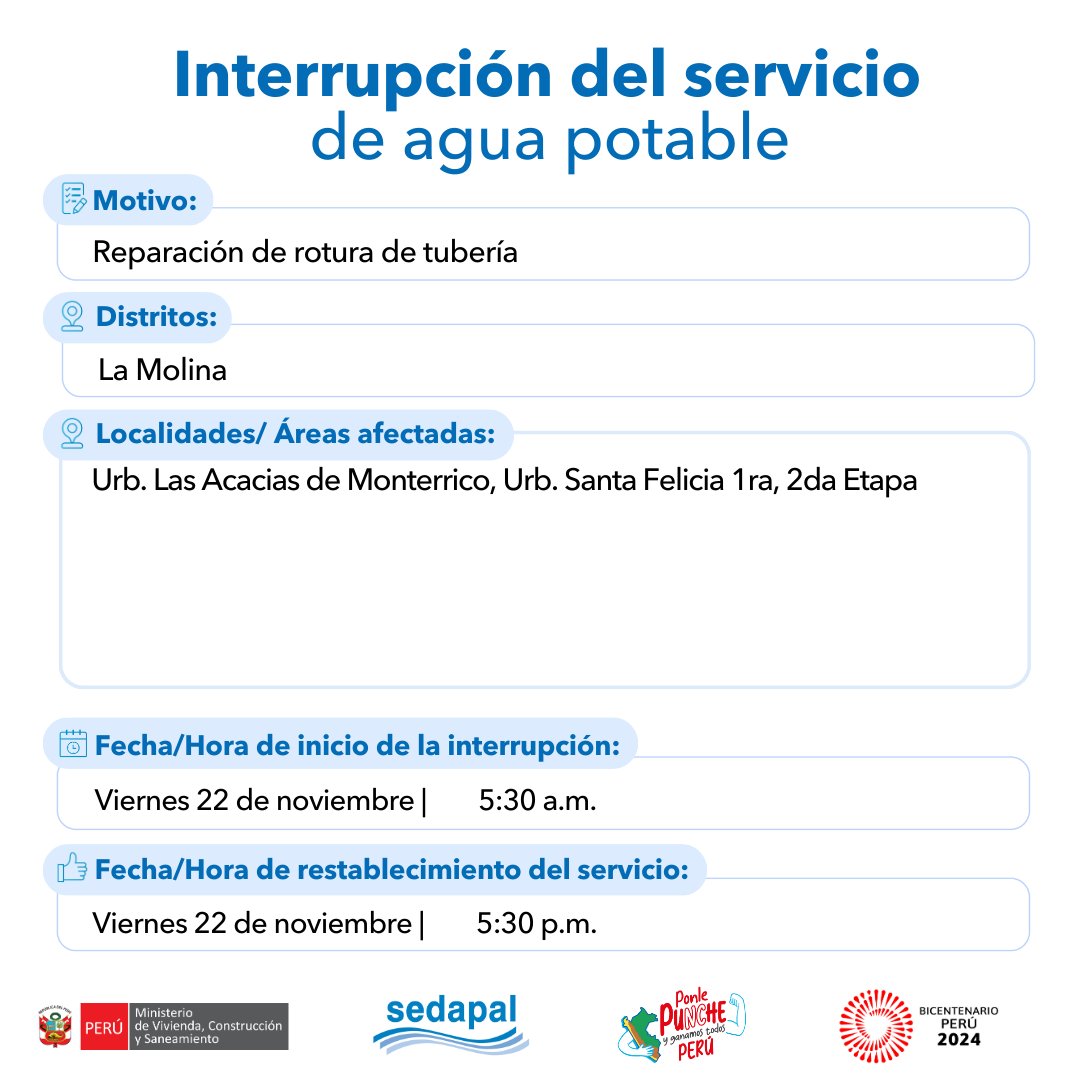 SedapalOficial's tweet image. 🚨 #LoÚltimo | ¡Atención vecinos de #LaMolina! #Sedapal atiende una emergencia imprevista por lo que se interrumpirá parcialmente el servicio de agua en algunos sectores. Más detalles aquí 📷 #InterrupciónDelServicio