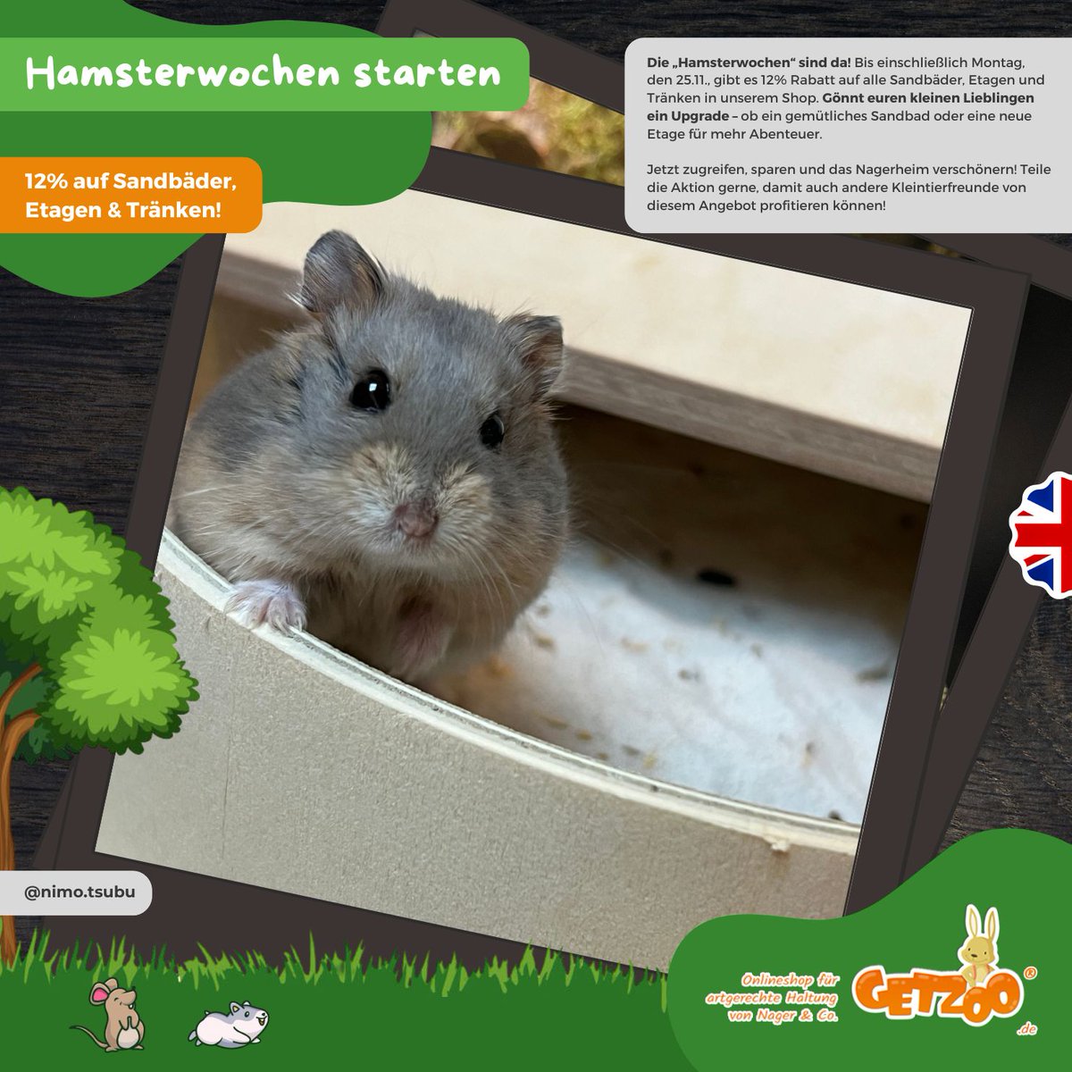 getzooshop's tweet photo. Die „Hamsterwochen“ sind da! Bis einschließlich Montag, den 25.11., gibt es 12% Rabatt auf alle Sandbäder, Etagen und Tränken in unserem Shop. 

#nagerliebe #sandbäder #tierliebe #tierzubehör #nagerzubehör #fellnasen #nagerglück #hamster #hamster_team #tränke #etagen https://t.co/4D4ecYHAFm