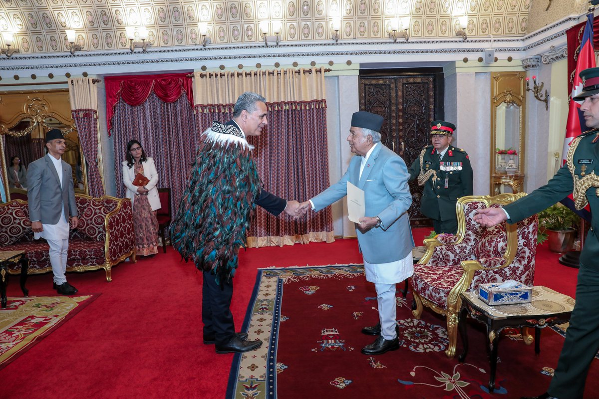 NZinIndia's tweet photo. New Zealand’s Ambassador to Nepal Patrick Rata presented his credentials to Rt Hon. President of Nepal Ramchandra Paudel @OOP_Nepal today. We look forward to strengthening further the 🇳🇿🇳🇵 relationship, including through trade, tourism, education and people-to-people connections. https://t.co/w6KACvWyHP