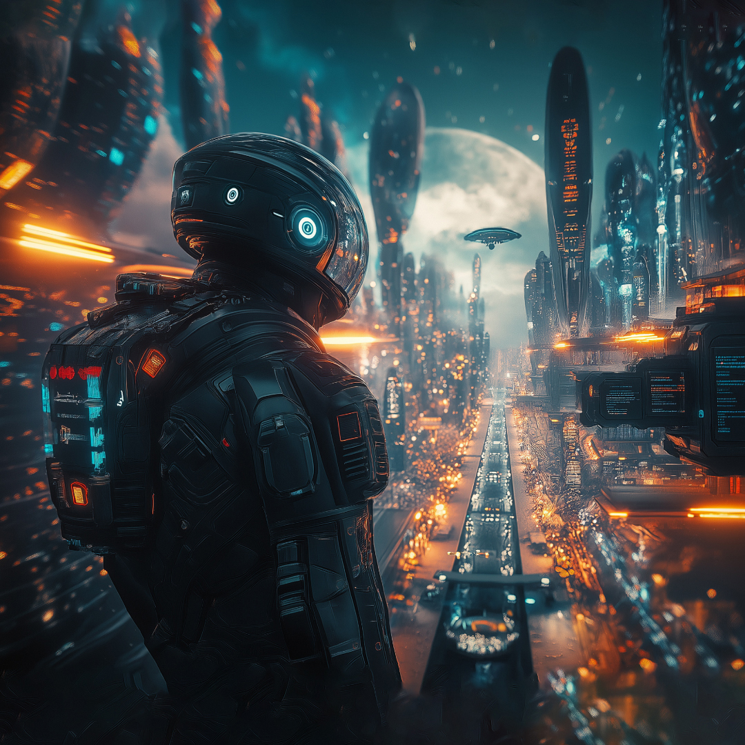 polyjimbo's tweet photo. The moonlight reflected off the steel structures of the megacity, scattering into millions of glimmers on the mirrored surfaces of the skyscrapers. 

#artist #concept #art #3D #polyjimbo #digitalart #cgi #visualart #cinematic #character #futuristic #city https://t.co/XAL7ZStOs9