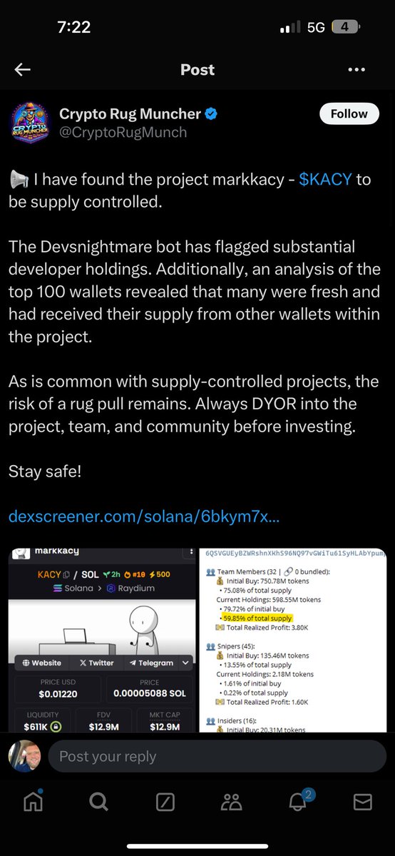 DaLll111189's tweet photo. @mark_kacy Farm token stay away! He acts like he knows nothing about crypto when he’s been involved in multiple NFT projects and insiders hold 78% of the supply https://t.co/UDnEPlBc94