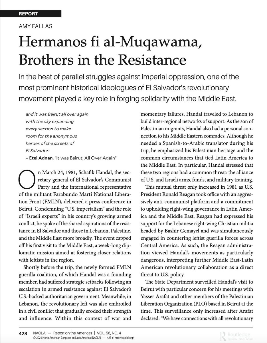 I am a Salvadoran academic living in Beirut &amp; I wrote about another Salvadoran who came to Beirut in 1981 as US-Israeli intervention fueled war &amp; civil conflict in LatAm &amp; MidEast. His story is a reminder of the power of imaging futures beyond oppression.
tandfonline.com/eprint/CTTXGYS…