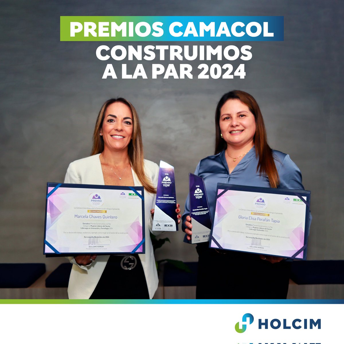 HOLCIMColombia1's tweet image. Felicitamos a Marcela Chaves, CMO, y a Gloria Perafán, Gerente de Sostenibilidad, ganadoras del premio ‘Construimos a la Par’ de @CamacolColombia, categoría ‘Mujeres Líderes en el Sector’.

#ConstruyendoProgreso #LiderazgoSostenible #sostenibilidad #ODS5 #innovación #tecnología