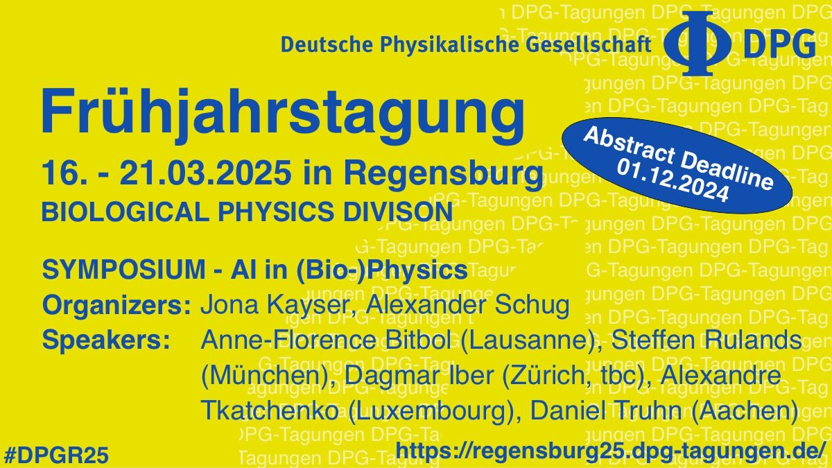 Kerstin Blank (@singlemolecules) on Twitter photo Excited to announce the symposium ‘AI in Bio-(Physics)’ at #DPGR25! With AI transforming #biophysics, <a href="/JonaKayser/">Jona Kayser</a> and Alex Schug have assembled an outstanding program with Anne-Florence Bitbol, <a href="/rulandsgroup/">Rulands Group</a>, Alexandre Tkatchenko and <a href="/DanielThrun/">Daniel Thrun</a> sharing cutting-edge insights. Excited to announce the symposium ‘AI in Bio-(Physics)’ at #DPGR25! With AI transforming #biophysics, <a href="/JonaKayser/">Jona Kayser</a> and Alex Schug have assembled an outstanding program with Anne-Florence Bitbol, <a href="/rulandsgroup/">Rulands Group</a>, Alexandre Tkatchenko and <a href="/DanielThrun/">Daniel Thrun</a> sharing cutting-edge insights.