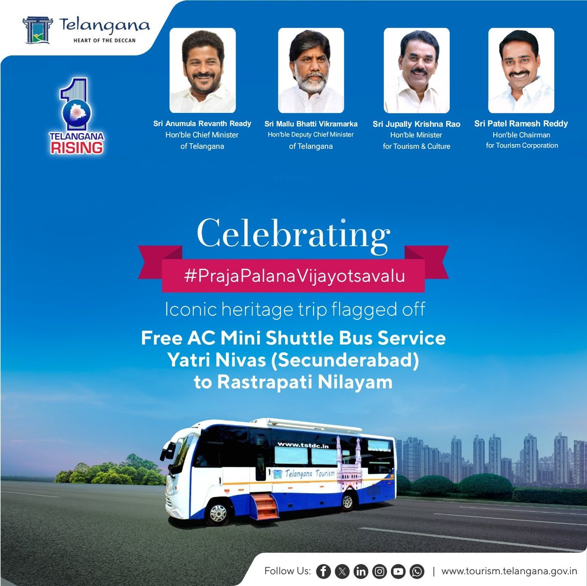 Ramesh_R_Patel's tweet photo. The Government of Telangana has accomplished a noteworthy milestone in the past year by launching Free AC Mini Bus Shuttle Service daily from Yatri Nivas Secunderabad to Rashtrapati Nilayam.
#PrajaPalanaVijayotsavalu #TGTDC #TelanganaTourism #Tourism
#Telangana @revanth_anumula https://t.co/o4UlFePnif