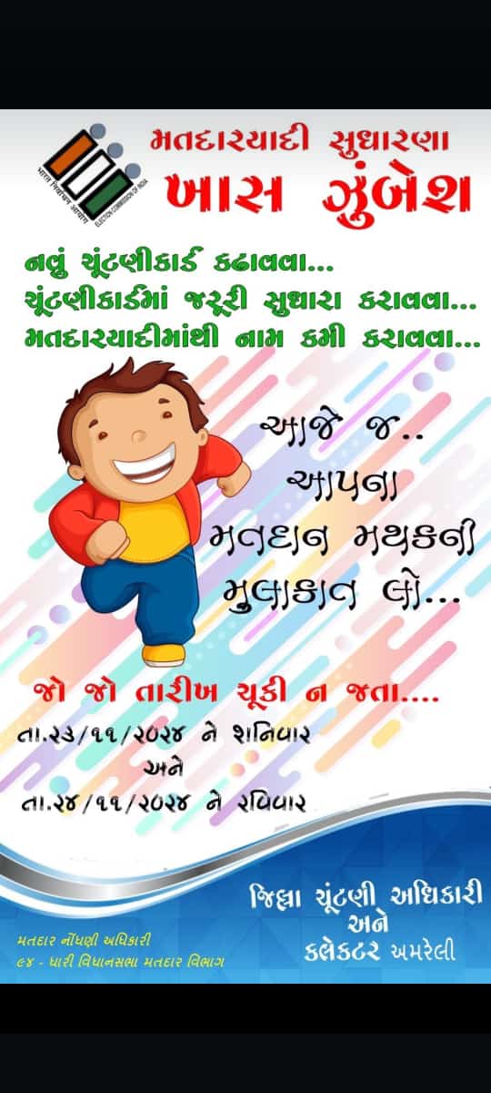 Infoamreligog's tweet photo. મતદાર યાદી ખાસ સંક્ષિપ્ત સુધારણા કાર્યક્રમ....
-
તા.23/11/2024 અને તા. 24/11/2024  શનિ-રવિવારે ખાસ ઝુંબેશ યોજાશે....
@CMOGuj @InfoGujarat @CollectorAmr @ddoamreli @AmreliSveep https://t.co/nrTOwd3H39