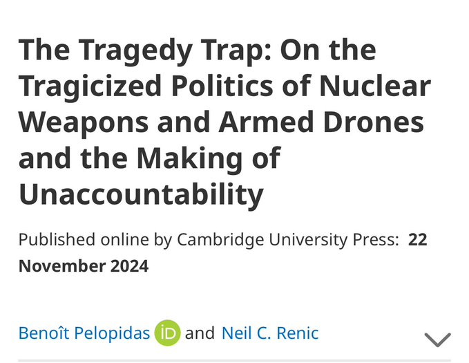 Neil Renic (@nc_renic) on Twitter photo 🚨Thrilled to see my latest article (open access) with <a href="/NKnowledges/">Nuclear Knowledges</a> now out with <a href="/EIAJournal/">Ethics&IntlAffairs</a>.
We consider the limits of “tragedy” in the context of military violence and argue for a renewed focus on political responsibility. 1/6
doi.org/10.1017/S08926… 🚨Thrilled to see my latest article (open access) with <a href="/NKnowledges/">Nuclear Knowledges</a> now out with <a href="/EIAJournal/">Ethics&IntlAffairs</a>.
We consider the limits of “tragedy” in the context of military violence and argue for a renewed focus on political responsibility. 1/6
doi.org/10.1017/S08926…