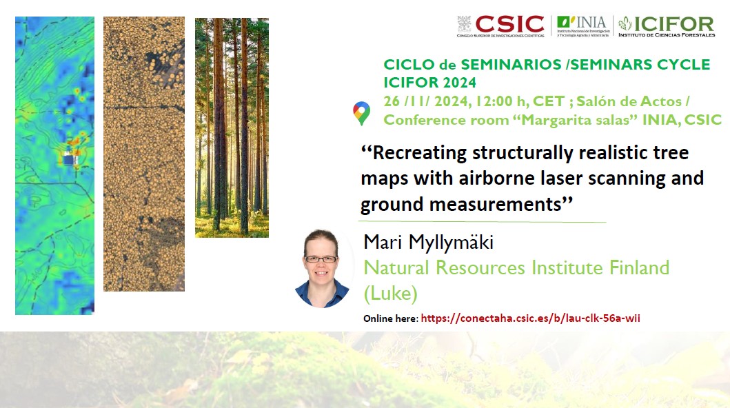 INIA-CSIC (@inia_es) on Twitter photo #EventosINIA Martes 26/11 12:00h Seminario #ICIFOR "Recreating structurally realistic tree maps with airborne laser scanning and ground measurements", con Mari Myllymäki, investigadora de <a href="/LukeFinland/">Luonnonvarakeskus</a> colaboradora del proyecto <a href="/EuPathfinder/">PathFinder</a> También online conectaha.csic.es/b/lau-clk-56a-… #EventosINIA Martes 26/11 12:00h Seminario #ICIFOR "Recreating structurally realistic tree maps with airborne laser scanning and ground measurements", con Mari Myllymäki, investigadora de <a href="/LukeFinland/">Luonnonvarakeskus</a> colaboradora del proyecto <a href="/EuPathfinder/">PathFinder</a> También online conectaha.csic.es/b/lau-clk-56a-…