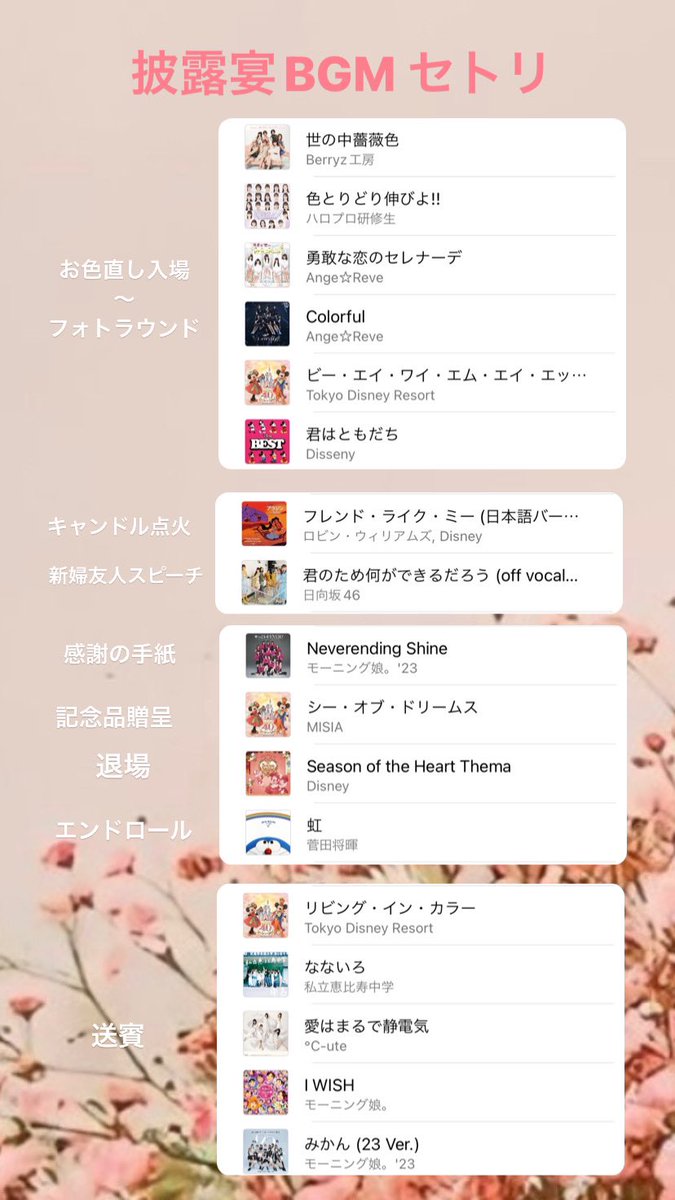 n_pyon_'s tweet image. テーマは『ディズニー』『アイドル』
アイドルオタクが考えた結婚式BGMセットリストです📝

完全なる自己満ですがこれでもセトリにはこだわったのでよかったらALTも見てください🙇‍♀️