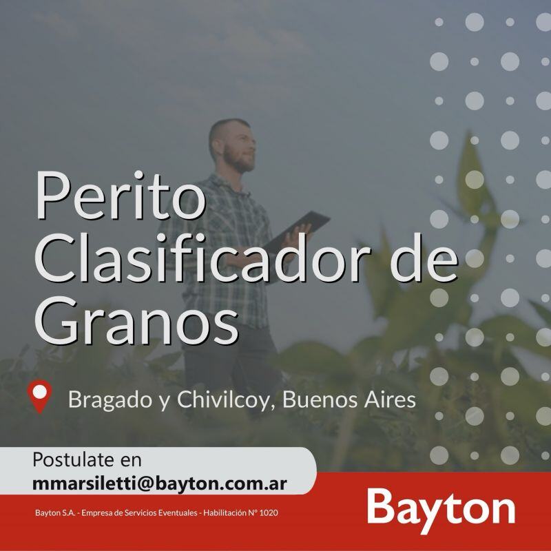 JobsBayton's tweet photo. 👉¡La Bragadense te busca!
 #PeritoClasificadordeGranos (Graduado)

Para unirse a nuestro equipo. comprometido, con actitud positiva y habilidades de trabajo en equipo, para la temporada de cosecha gruesa.

📋Zona: #Bragado, #LosToldos, #Chivilcoy
💬CV a mmarsiletti@bayton.com.ar https://t.co/mDTprqnkev