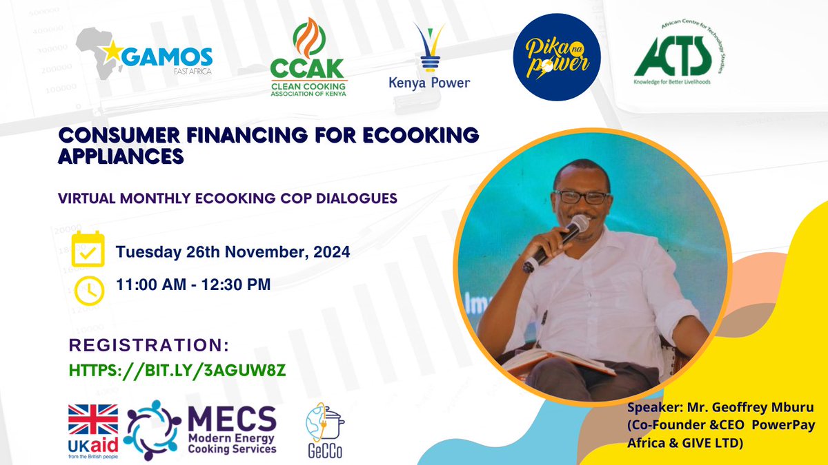 🚨 Join us for an exciting #eCooking dialogue on Consumer Financing for eCooking Appliances!

📅 When: November 26, 2024
⏰ Time: 11:00 AM EAT
Explore how credit mechanisms drive #eCooking &amp; #eMobility adoption. Don't miss out!

👉 Register here: bit.ly/3AGUw8Z