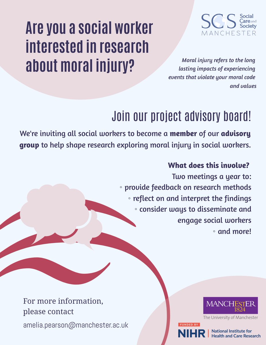 🚨 Attention Social Workers! 🚨 We’re seeking passionate professionals to join our Advisory Group for a research project on moral injury. Help shape the study, provide valuable feedback, and reflect on findings.
#SocialWork #MoralInjury #Research