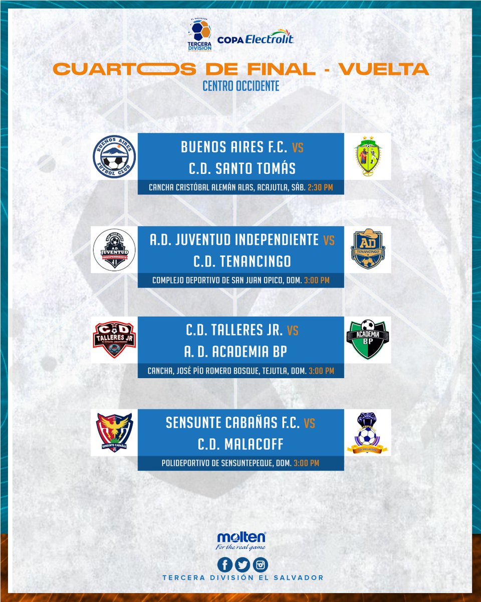 tercerafutbolsv's tweet photo. ¡CON VISTA A SEMIFINALES! 👀

Este fin de semana conoceremos a los semifinalistas de cada zona del #Apertura2024 cuando se jueguen los partidos de vuelta de cuartos de final. Buenos Aires buscará revertir el global de su serie ante Santo Tomás ⚽🥅🔥

#TerceraSV #CopaElectrolit https://t.co/KR80Vgyrdi
