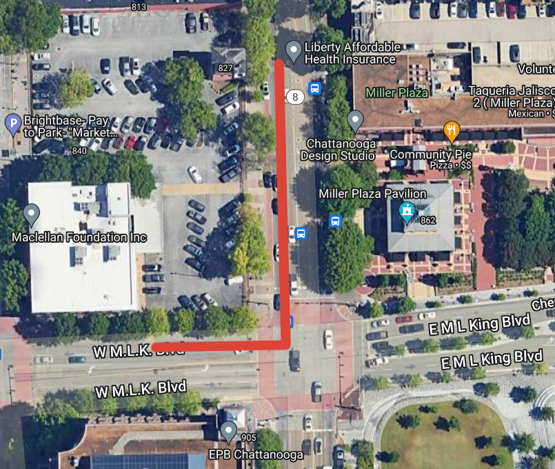 newschannelnine's tweet photo. Here's a map from @ChattDOT showing where this major water line break is.

It's near Miller Plaza, Miller Park, &amp; the EPB building downtown. 

Video from @LStaple10 coming soon. https://t.co/2dcsS2ARot