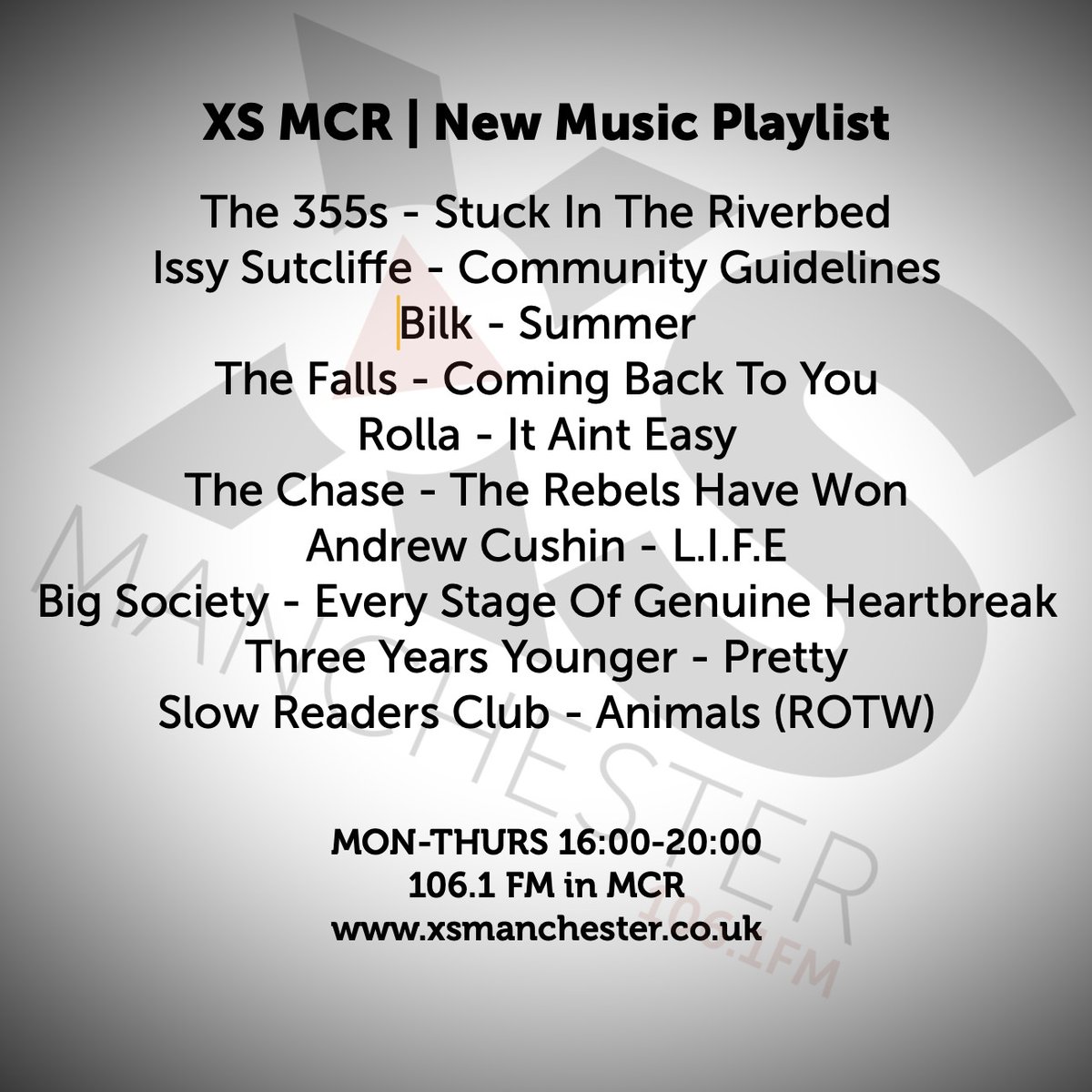 Splendid, splendid new music coming up on <a href="/XSManchester/">XS Manchester - 106.1 FM, DAB+ & App</a> drive next week.

Adding <a href="/OFL_TheChase/">The Chase</a> <a href="/AndrewCushin/">Andrew Cushin</a> <a href="/bigsocietyband/">Big Society</a> and Three Years Young to the new music list.

PLUS brand new <a href="/slowreadersclub/">THE SLOW READERS CLUB</a> as my Record of the  Week. 🐒🦁🐕