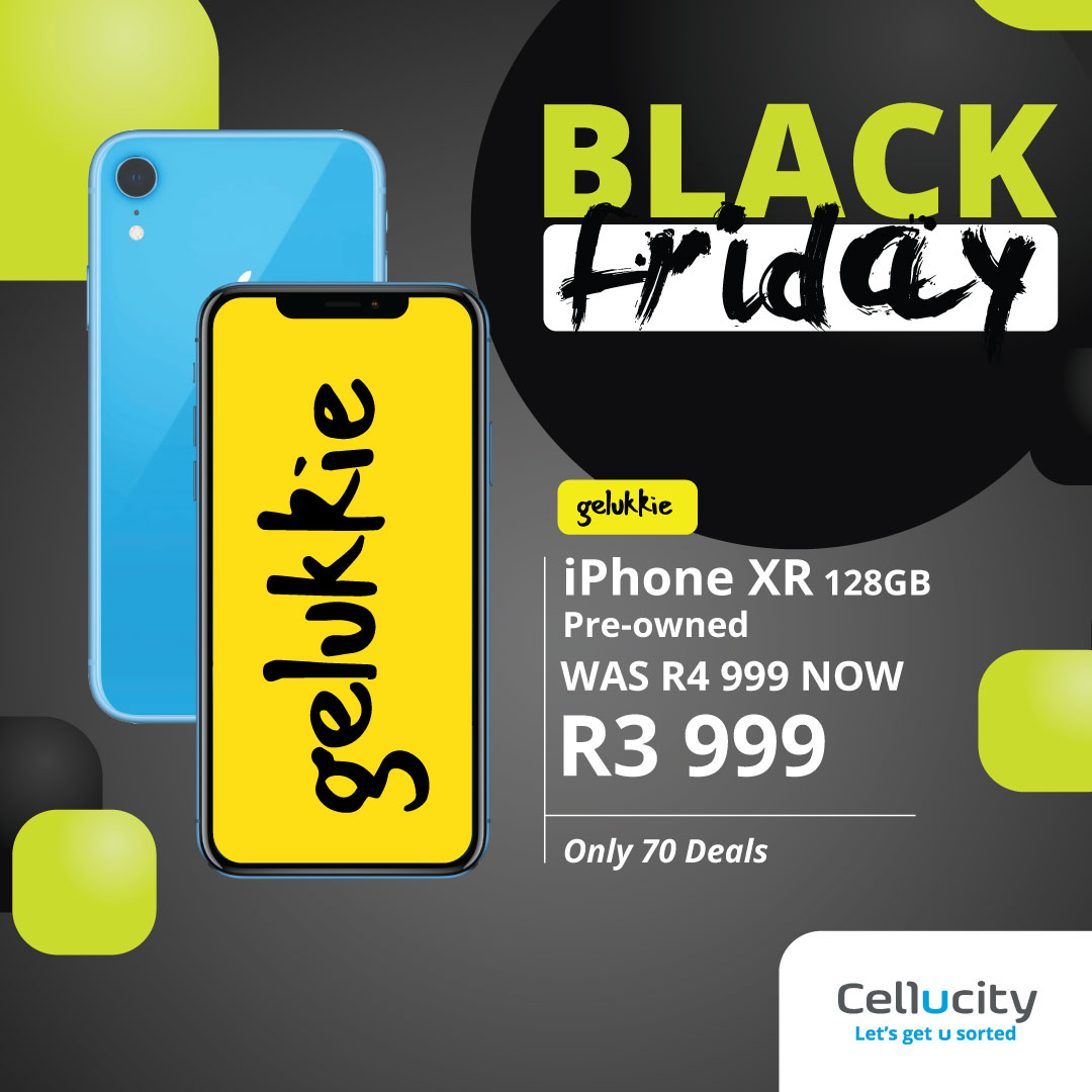 Cellucity's tweet image. Get lucky with a Gelukkie Pre-owned Phone. Our Gelukkie Pre-Owned are fully QA-assessed. The devices show signs of fair wear &amp;amp; tear, including scratches, bumps, and dents. Comes with a 3-Month Limited Warranty.

Cable &amp;amp; Charger are Sold Separately.
#iPhoneXR #iPhone #BlackFriday