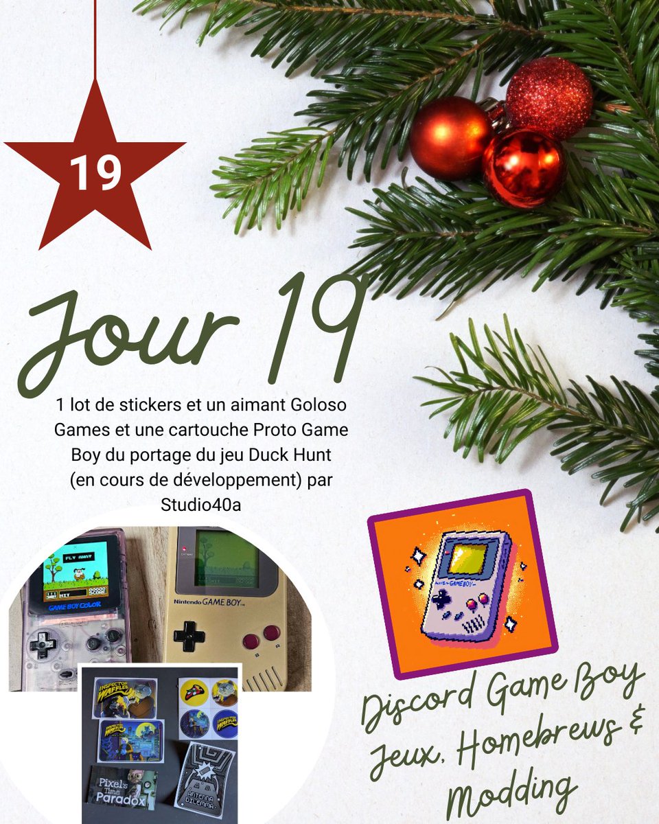 DiscordGB_FR's tweet image. Calendrier de l&apos;avent ! 
19/24
Gagnez des stickers @golosogames + la cartouche proto DuckHunt GB par @eric_studio40A

Pour participer : 
1️⃣Suivez le compte
2️⃣RT
3️⃣ Suivez le compte @golosogames et @eric_studio40A

Fin le 19/12/2024 à 23h59 - Tirage au sort le lendemain
#concours