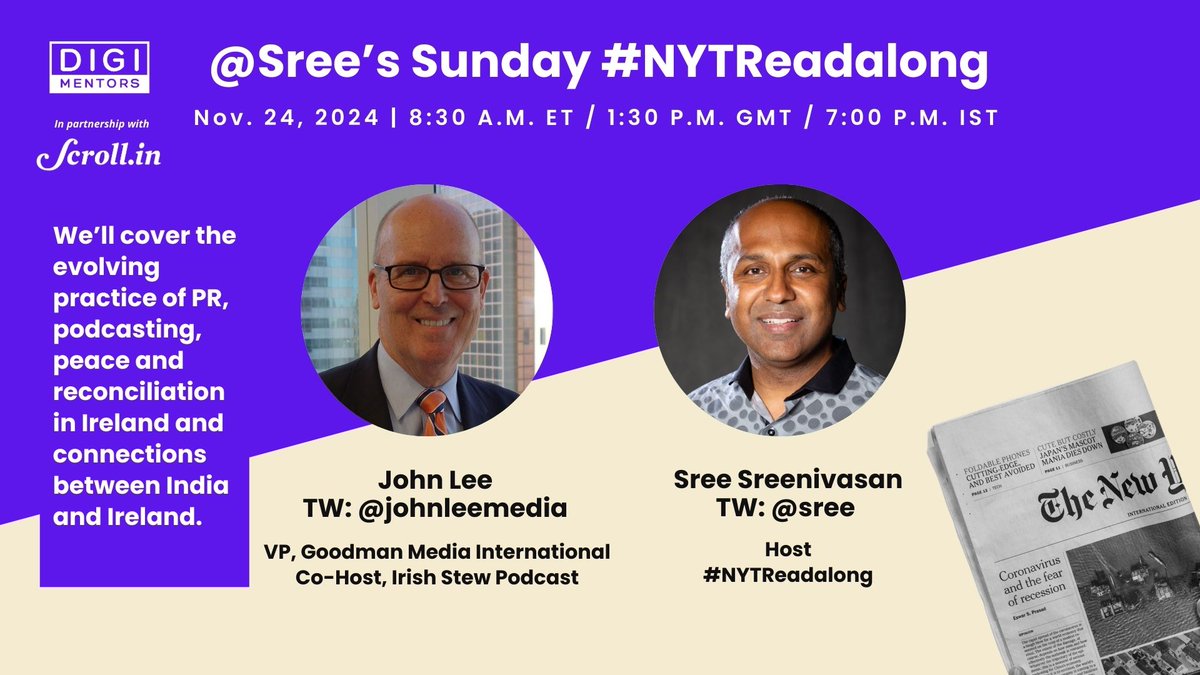 Neil Parekh (He / Him / His) (@neilparekh) on Twitter photo 1/x Our guest on @Sree's Sunday #NYTReadalong is <a href="/johnleemedia/">John Lee</a>, a VP at <a href="/goodmanmedia/">Goodman Media</a> and co-host of <a href="/IrishStewCast/">IRISH STEW Podcast</a>. We'll be live at 8:30am ET / 1:30pm GMT / 7pm IST.
Produced by <a href="/digimentors/">Digimentors</a> in partnership with <a href="/scroll_in/">Scroll.in</a>.
Details / links to watch:
digimentors.group/post/nytreadal… 1/x Our guest on @Sree's Sunday #NYTReadalong is <a href="/johnleemedia/">John Lee</a>, a VP at <a href="/goodmanmedia/">Goodman Media</a> and co-host of <a href="/IrishStewCast/">IRISH STEW Podcast</a>. We'll be live at 8:30am ET / 1:30pm GMT / 7pm IST.
Produced by <a href="/digimentors/">Digimentors</a> in partnership with <a href="/scroll_in/">Scroll.in</a>.
Details / links to watch:
digimentors.group/post/nytreadal…