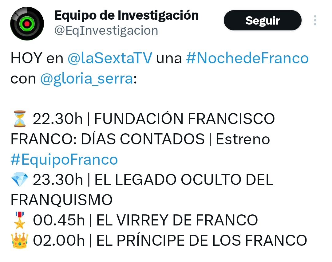22.30 Franco 
23.30 Franco 
00.45 Franco
02.00 Franco

Esta es la programación de La Sexta el día después de que Aldama destape que el Gobierno de España y el PSOE están hasta las cejas de corrupción.

Luego se quejan de que les llamen La Secta.