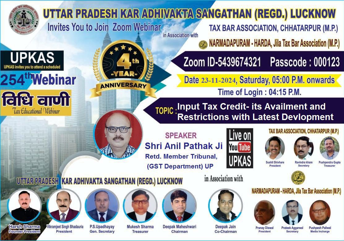 HarshHapur's tweet photo. All Tax Professionals are requested to join the UPKAS WEBINAR ON Saturday 23-11-2024 from 4.15 Pm https://t.co/wQAZrBzJ4B