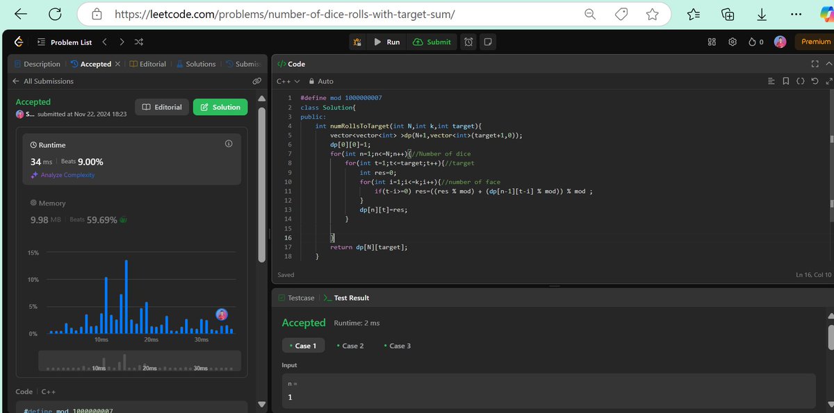 Subrata7133's tweet image. Problem Solved!
I’ve completed DPP 6, tackling challenges like Super Egg Drop (LeetCode 887), Dice Rolls (1155),Stacking Cuboids (1691). Learned advanced DP techniques like 2D DP+Optimization, Counting/Combinatorics, and Permutations.
#DP #ProblemSolving #DataStructureAlgorithms