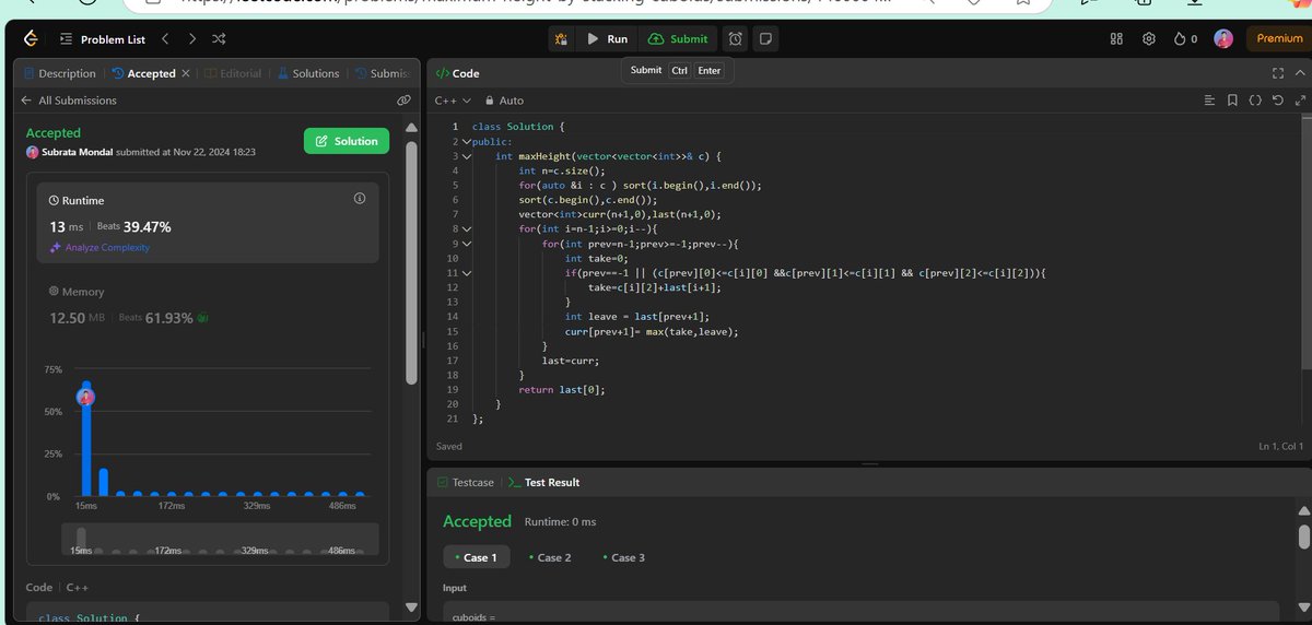 Subrata7133's tweet image. Problem Solved!
I’ve completed DPP 6, tackling challenges like Super Egg Drop (LeetCode 887), Dice Rolls (1155),Stacking Cuboids (1691). Learned advanced DP techniques like 2D DP+Optimization, Counting/Combinatorics, and Permutations.
#DP #ProblemSolving #DataStructureAlgorithms