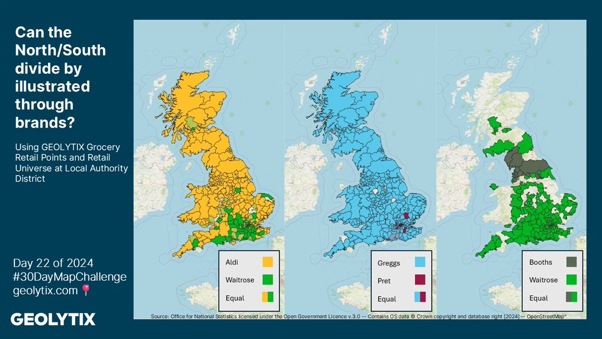 🗺#30daymapchallenge🌎
Day 22: 2 colours

Can the North/South divide be illustrated through brands?

Owen has used number of our Grocery Retail Points and Retail Universe at Local Authority District in Great Britain for todays theme.
#LocationIntelligence #OpenData