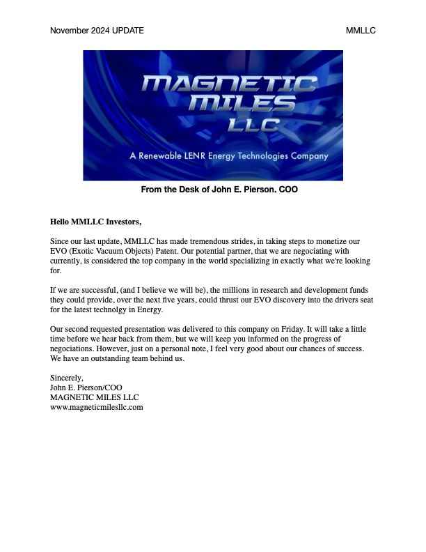 Update from <a href="/MagneticMLLC/">MagneticMilesLLC</a> 
Summary: "Great progress on monetizing our EVO patent. Negotiating with a top partner to secure millions in R&amp;D for energy tech. Recent presentation went well - feeling good about chances!" 🚀⚡ #Innovation #EnergyTech #VTNX 
discord.gg/votonx