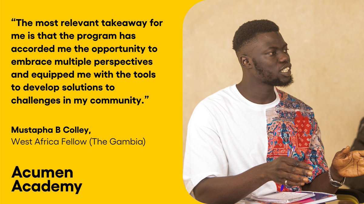 AcumenAcademy (@acumenacademy) on Twitter photo 🌟 Want to make a difference in your community amidst a world of opposing viewpoints? Join the West Africa Acumen Fellowship and gain tools to bridge differences and drive real change like Mustapha from the Gambia.
⏰Only 4 days left! Apply by Nov 25: hubs.la/Q02Z8P8m0 🌟 Want to make a difference in your community amidst a world of opposing viewpoints? Join the West Africa Acumen Fellowship and gain tools to bridge differences and drive real change like Mustapha from the Gambia.
⏰Only 4 days left! Apply by Nov 25: hubs.la/Q02Z8P8m0