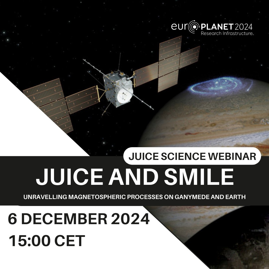 Europlanet 🇪🇺 (@europlanetmedia) on Twitter photo 📣 Next Europlanet <a href="/ESA_JUICE/">ESA's Juice mission</a> + <a href="/esa_smile/">ESA_Smile</a> Science Webinar on Friday 6 Dec at 15 CET
🛰️ Ganymede’s aurora: studying a unique moon-magnetosphere interaction with JUICE - Philippa Molyneux (<a href="/SwRI/">Southwest Research Institute</a>)
🛰️ Seeing Earth’s unseen magnetosphere with SMILE - <a href="/colforsyth/">Colin Forsyth</a> (<a href="/MSSL_Planetary/">MSSL Planetary Science</a>) 📣 Next Europlanet <a href="/ESA_JUICE/">ESA's Juice mission</a> + <a href="/esa_smile/">ESA_Smile</a> Science Webinar on Friday 6 Dec at 15 CET
🛰️ Ganymede’s aurora: studying a unique moon-magnetosphere interaction with JUICE - Philippa Molyneux (<a href="/SwRI/">Southwest Research Institute</a>)
🛰️ Seeing Earth’s unseen magnetosphere with SMILE - <a href="/colforsyth/">Colin Forsyth</a> (<a href="/MSSL_Planetary/">MSSL Planetary Science</a>)