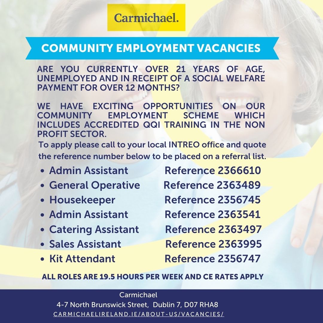 📣 We have some great job opportunities on our #communityemploymentscheme here at Carmichael and with our sub-sponsors.
For more information please contact your local Intreo office and see our website 👇
carmichaelireland.ie/about-us/vacan…

#communityemployment #carmichael <a href="/jobsireland/">JobsIreland.ie</a>