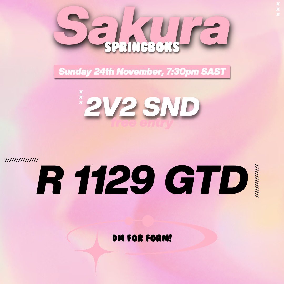 2v2 ZA Female-Only SND🌸
Showing our continued support for our Springbok Sisters🇿🇦

📆 | 24th Nov, 7:30pm SAST
🇿🇦 | ZA Only

🚨 | BO1 Double Elimination
📚 | CDL + GA’s Apply (MnK Allowed)

🎟️ | FREE ENTRY
💸 | R 1129

💌 | DM for Form!