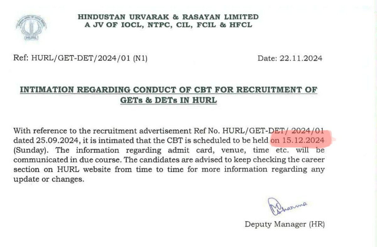 <a href="/HURL_INDIA/">Hindustan Urvarak & Rasayan Limited</a> <a href="/IndianOilcl/">Indian Oil Corp Ltd</a> <a href="/ntpclimited/">NTPC Limited</a> <a href="/CoalIndiaHQ/">Coal India Limited</a> 
SIR PLEASE POSTPONED HURL GET/DET EXAM BCZ RRB JE EXAM SCHEDULE BETWEEN 13 TO 17 DEC AND HURL EXAM - 15 DEC . WE STUDENTS HEARTLY REQUEST U TO PLEASE CONSIDER OUR REQUEST. IT'S MATTER OF OUR CAREER ...