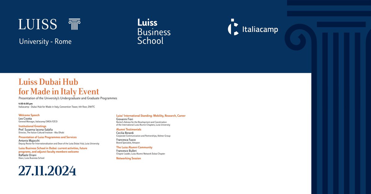 Join Italiacamp Dubai Hub on Nov 27, 4-6 PM for an exclusive LUISS University event! Learn about academic programs, services, and hear inspiring alumni stories.

📍 Italiacamp, Convention Tower, DWTC
RSVP: luiss.formstack.com/forms/